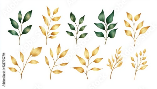Wallpaper Mural The design of a greeting card or invitation could be achieved using this set of green and gold leaves on an herbal branch Torontodigital.ca