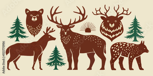 Linocut forest animal set, vector wildlife silhouette nature grunge engraving print collection. Vintage woodcut mammals, grisly bear, deer antlers, fox, rabbit, owl stamp. Boho linocut animal outline