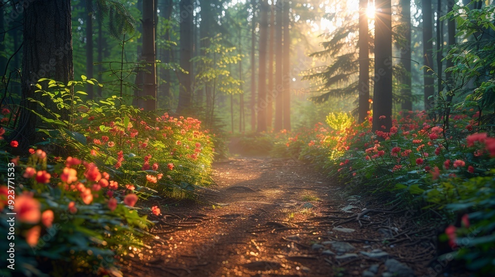 A lush forest in spring, filled with blooming flowers, towering trees, and dappled sunlight filtering through the leaves, creating a vibrant and lively atmosphere A lush forest in spring, filled with blooming flowers, towering trees, and dappled sunlight filtering through the leaves, creating a vibrant and lively atmosphere