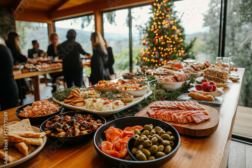 Friends and family enjoy a festive meal surrounded by a table filled with seasonal dishes and a twinkling Christmas tree.