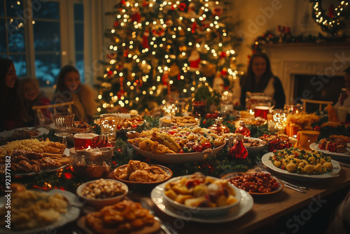 Friends and family enjoy a festive meal surrounded by a table filled with seasonal dishes and a twinkling Christmas tree.