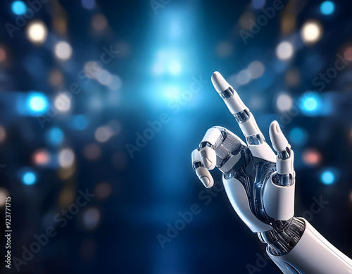 Robotic Fingertip in the corner of a tech blurred background, space for text concept 