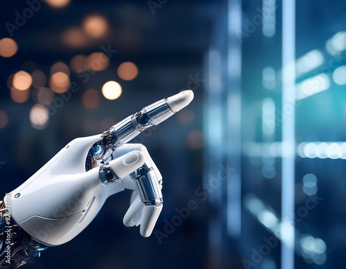 Robotic Fingertip in the corner of a tech blurred background, space for text concept 