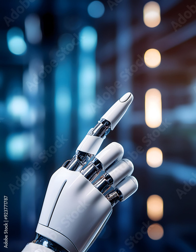 Robotic Fingertip in the corner of a tech blurred background, space for text concept 