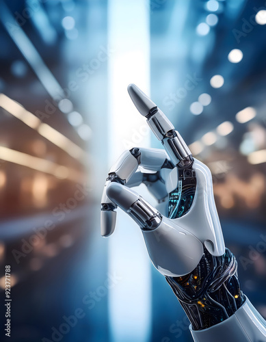 Robotic Fingertip in the corner of a tech blurred background, space for text concept 