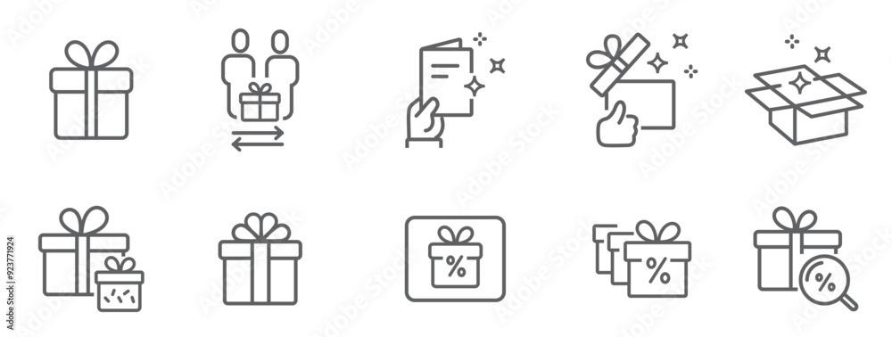 Gift box, present, discount offer line icon set isolated on transparent background. Price tag, gift card, search sale signs