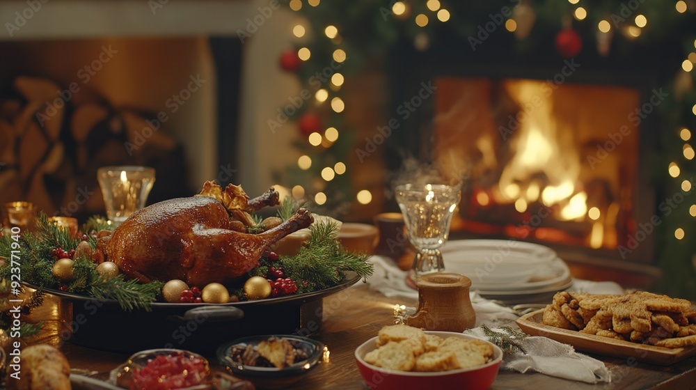 A festive holiday table featuring a roasted turkey, seasonal dishes, and a cozy fireplace setting A festive holiday table featuring a roasted turkey, seasonal dishes, and a cozy fireplace setting