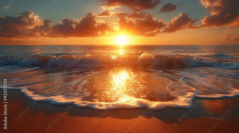Fototapeta premium A serene beach at sunrise, with golden sand, gentle waves, and the first light of the day reflecting off the calm ocean, evoking a sense of tranquility and peace