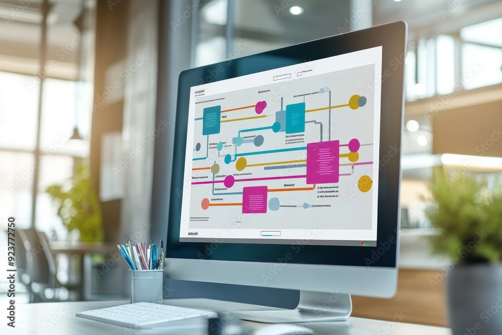 A digital flowchart illustrates the workflow and hierarchy of a project on a computer monitor in a contemporary office setting, showcasing vibrant colors and clear organization A digital flowchart illustrates the workflow and hierarchy of a project on a computer monitor in a contemporary office setting, showcasing vibrant colors and clear organization