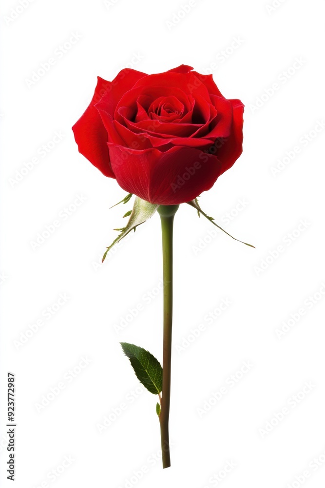 A stunning red rose, symbolizing love and beauty, standing elegantly against a white background for a perfect floral presentation. A stunning red rose, symbolizing love and beauty, standing elegantly against a white background for a perfect floral presentation.