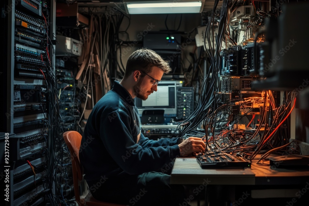 A technician focuses intently on tasks at a cluttered workbench in a server room filled with cables, screens, and equipment under soft lighting A technician focuses intently on tasks at a cluttered workbench in a server room filled with cables, screens, and equipment under soft lighting
