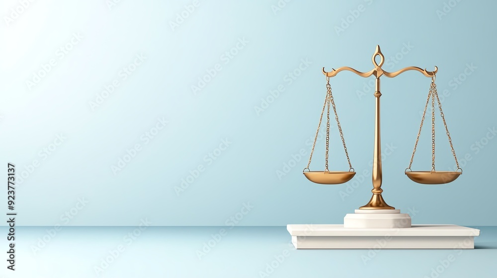 A golden scale symbolizing justice and balance, placed on a white platform against a soft blue background. A golden scale symbolizing justice and balance, placed on a white platform against a soft blue background.