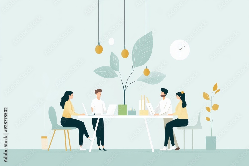 Creative Team Designing Eco-Friendly Office Space - Vector Illustration in Hand-Drawn Style Creative Team Designing Eco-Friendly Office Space - Vector Illustration in Hand-Drawn Style