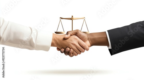 A symbolic handshake between two individuals, representing agreement and justice, with a scale in the background.