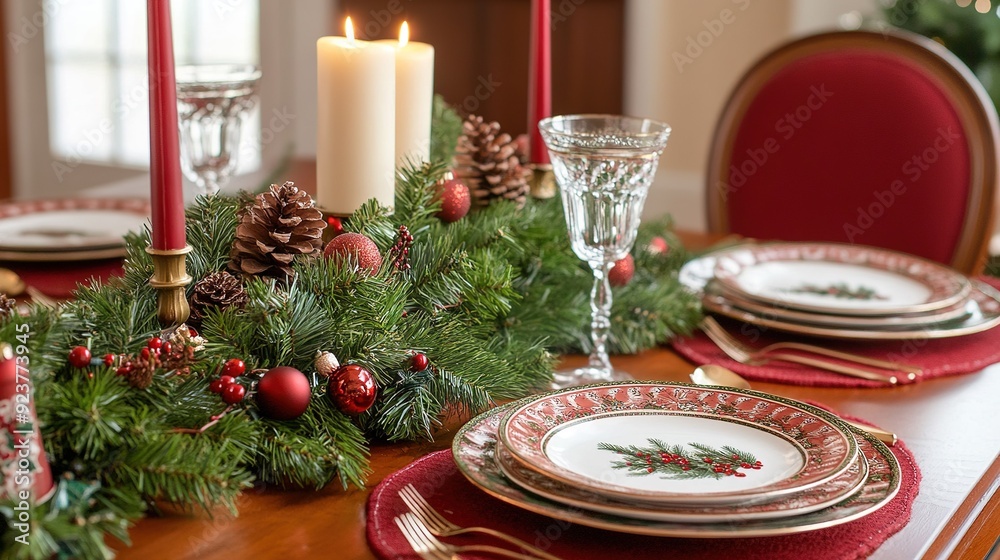 Festive dining table decorated for a holiday gathering with candles, greenery, and elegant tableware Festive dining table decorated for a holiday gathering with candles, greenery, and elegant tableware