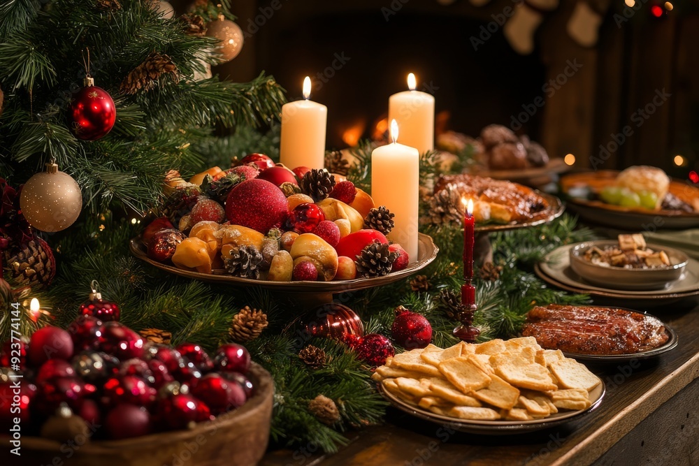 The table features a stunning arrangement of candles, ornaments, evergreen, and an array of festive dishes, perfect for celebrating the holiday season with loved ones The table features a stunning arrangement of candles, ornaments, evergreen, and an array of festive dishes, perfect for celebrating the holiday season with loved ones