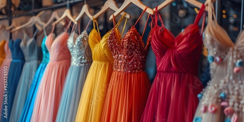 Display of Various Colored Gowns and Long Dresses in a Showroom Window. A Sophisticated and Elegant Presentation of Fashion, Showcasing the Beauty and Diversity of Formal Attire. Capturing the Essence