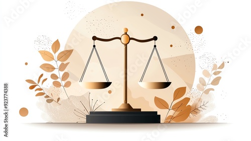 Elegant balance scale illustration symbolizing justice, fairness, and law with soft color tones and nature elements.