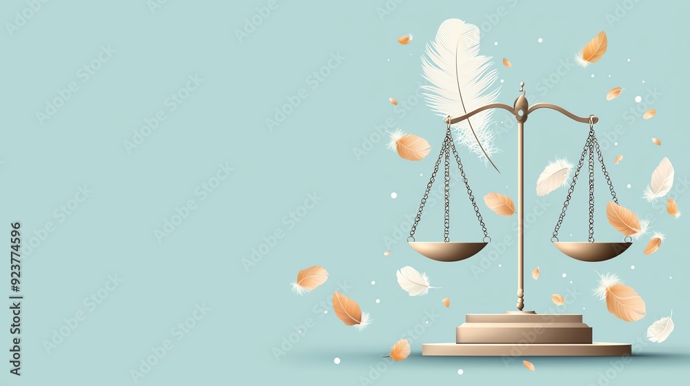 Illustration of a balanced scale with a feather, symbolizing justice, fairness, and the legal system against a soft blue backdrop. Illustration of a balanced scale with a feather, symbolizing justice, fairness, and the legal system against a soft blue backdrop.