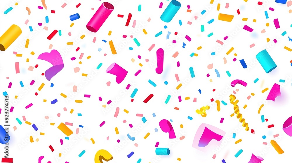 Colorful confetti scattered on a white background during a celebration or party Colorful confetti scattered on a white background during a celebration or party