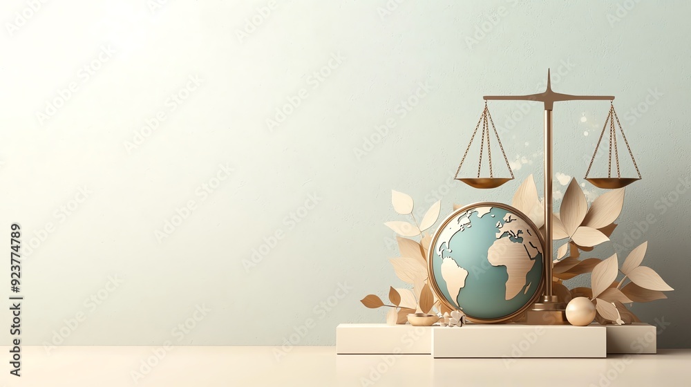 Symbolic representation of justice and balance with a globe and scales, ideal for legal concepts and global harmony themes.