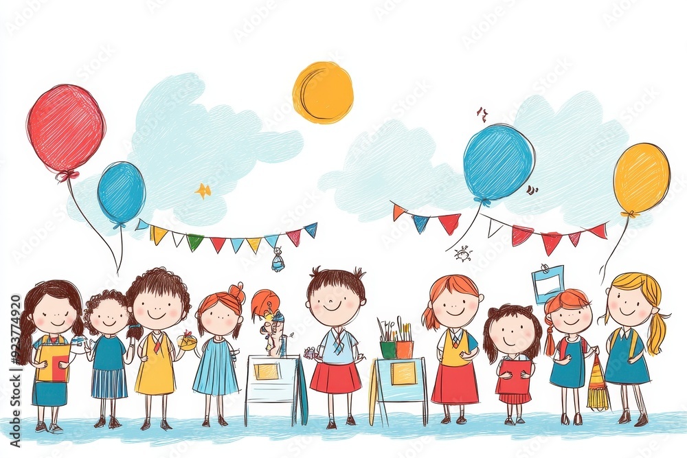 Vibrant School Fair Scene: Hand-Drawn Vector Illustration of Students Engaging in Community Education Fun Vibrant School Fair Scene: Hand-Drawn Vector Illustration of Students Engaging in Community Education Fun