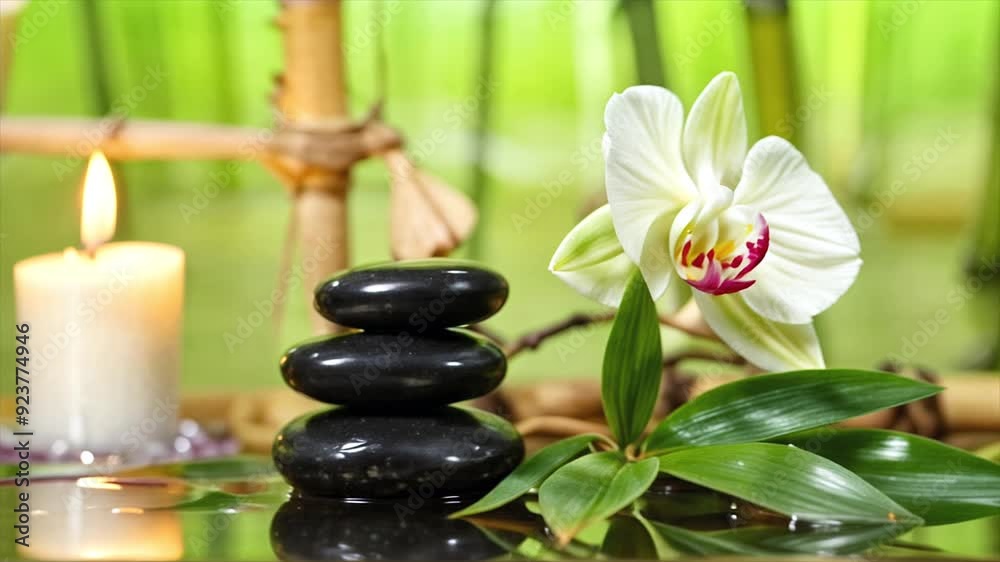 Burning candle, tranquility, calm, relaxation, wellness. Spa retreat, beauty salon, wellness center. White orchid and black stones on green bamboo plants background Burning candle, tranquility, calm, relaxation, wellness. Spa retreat, beauty salon, wellness center. White orchid and black stones on green bamboo plants background