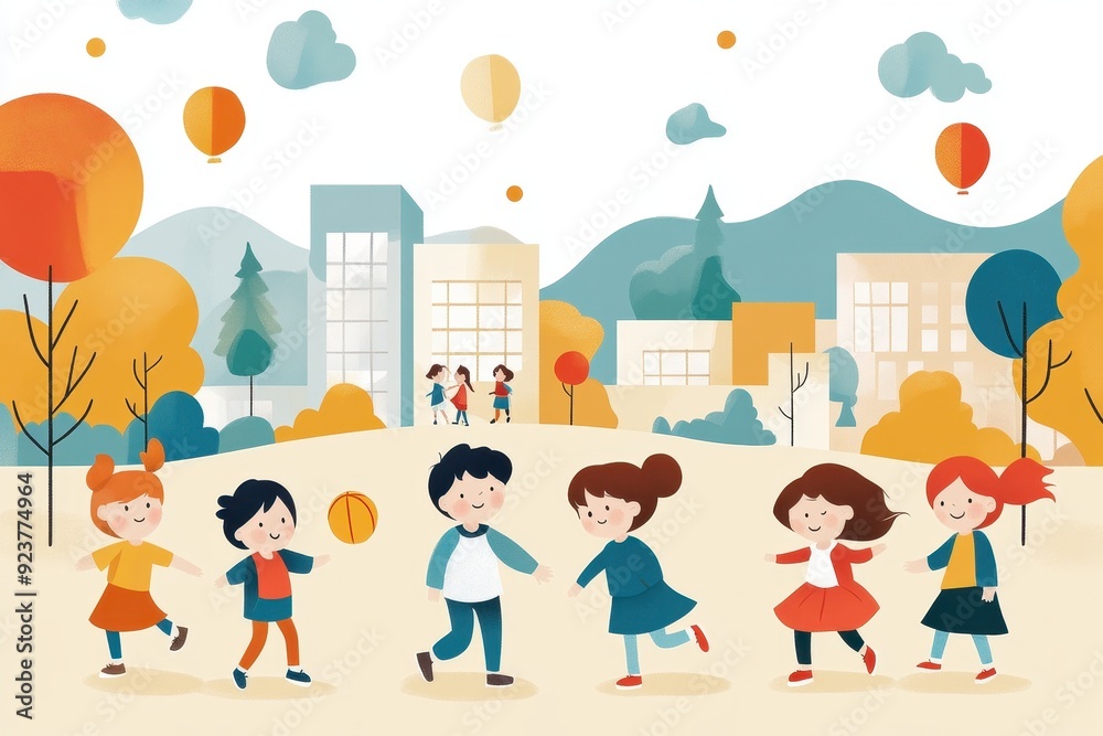 Joyful Students Engaging in Physical Education Activities in a Colorful Schoolyard - Hand-drawn Vector Illustration