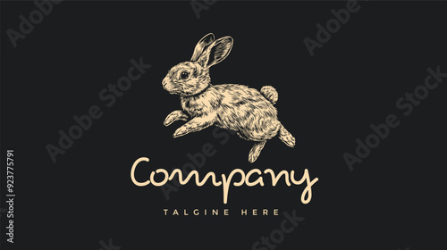 jumping rabbit classy vintage hand drawn logo design template