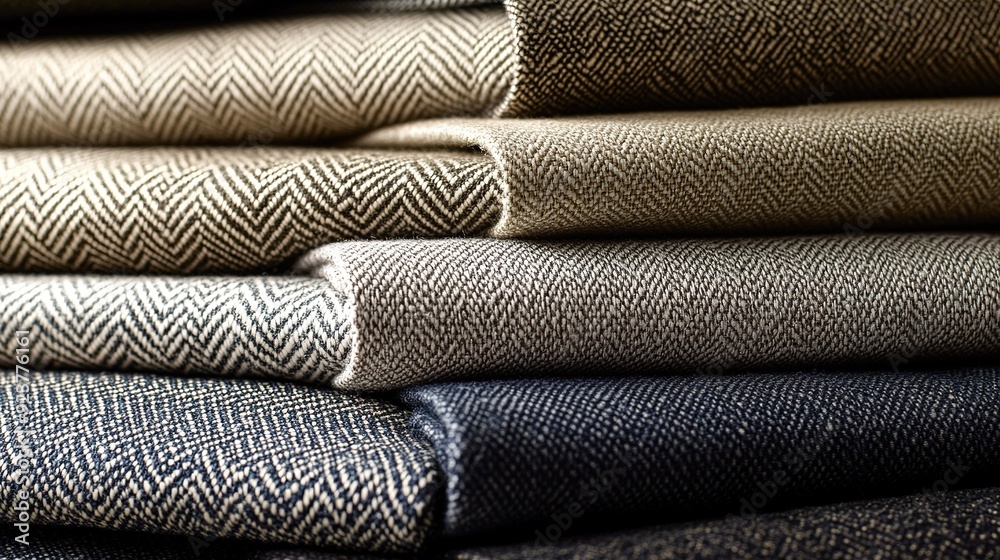 Stack of various textured fabrics displayed neatly, highlighting herringbone patterns in neutral tones Stack of various textured fabrics displayed neatly, highlighting herringbone patterns in neutral tones