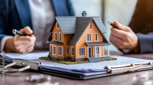 Divorce lawyers arguing over a model house placed on a legal contract, divorce lawyer property, symbolic image of property conflict
