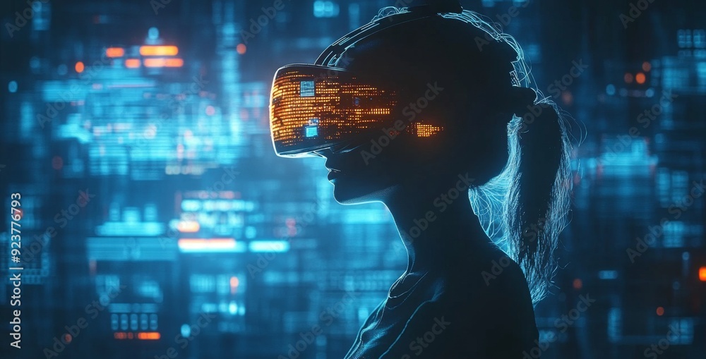 Obraz premium Silhouette of an Explorer Interacting with Futuristic Virtual Reality Holographic Interfaces, Immersed in the Digital Future's Interactive Experiences and Technology Advancements,Abstract Art