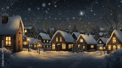 Snow-covered village at night with glowing lanterns and falling snowflakes photo