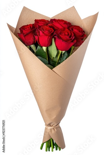 Beautiful bouquet of red roses wrapped in brown paper, perfect for gifting on special occasions.