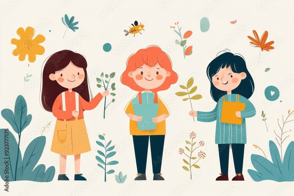 Creative Students Cultivating a Vibrant Garden - Vector Illustration in Hand-drawn Style for Education and Botany Concepts Creative Students Cultivating a Vibrant Garden - Vector Illustration in Hand-drawn Style for Education and Botany Concepts