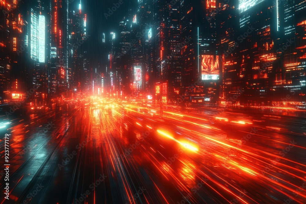 futuristic cityscape with sleek vehicles zooming through neonlit streets blurred light trails and holographic billboards create a sense of perpetual motion futuristic cityscape with sleek vehicles zooming through neonlit streets blurred light trails and holographic billboards create a sense of perpetual motion