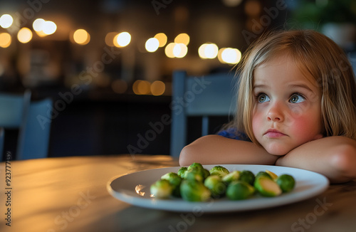Little girl at the dinner table refusing to eat Brussel sprouts
 photo