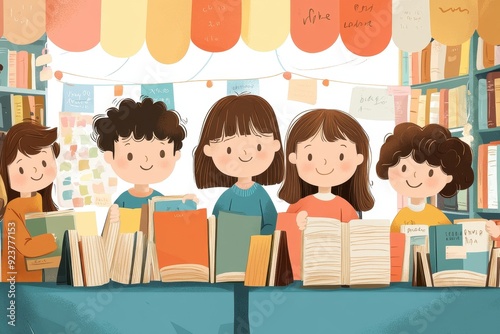 Vibrant Vector Illustration of Students Immersed in a Colorful Book Fair - Hand-Drawn Style for Literature Education and Learning Concept. photo