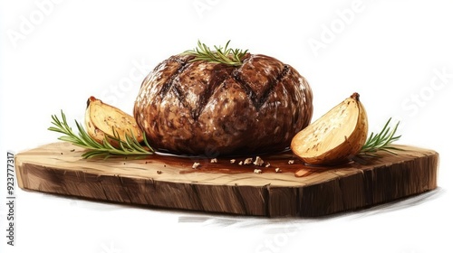 Realistic digital painting of a Scottish haggis served on a wooden board on white background photo