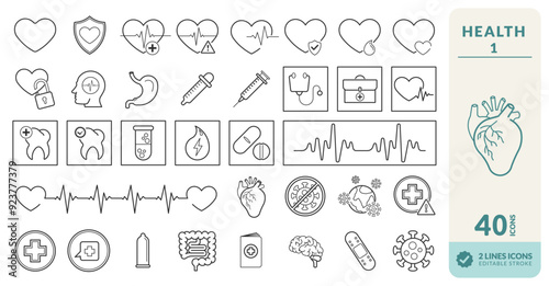 Pack of icons with medical symbols that addresses information bacteria diseases heart pandemics alerts public health contagions prevention and medicines to combat