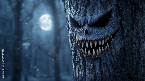 The Tree That Smiles: A chillingly beautiful image of a gnarled tree in a moonlit forest, with a grotesque, toothy grin carved into its bark, evokes feelings of unease and dread.   photo