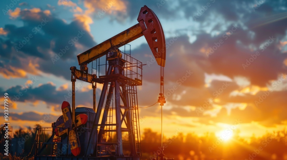 Oil pump jack silhouette against a vibrant sunset sky with dramatic clouds in warm hues of orange and blue
