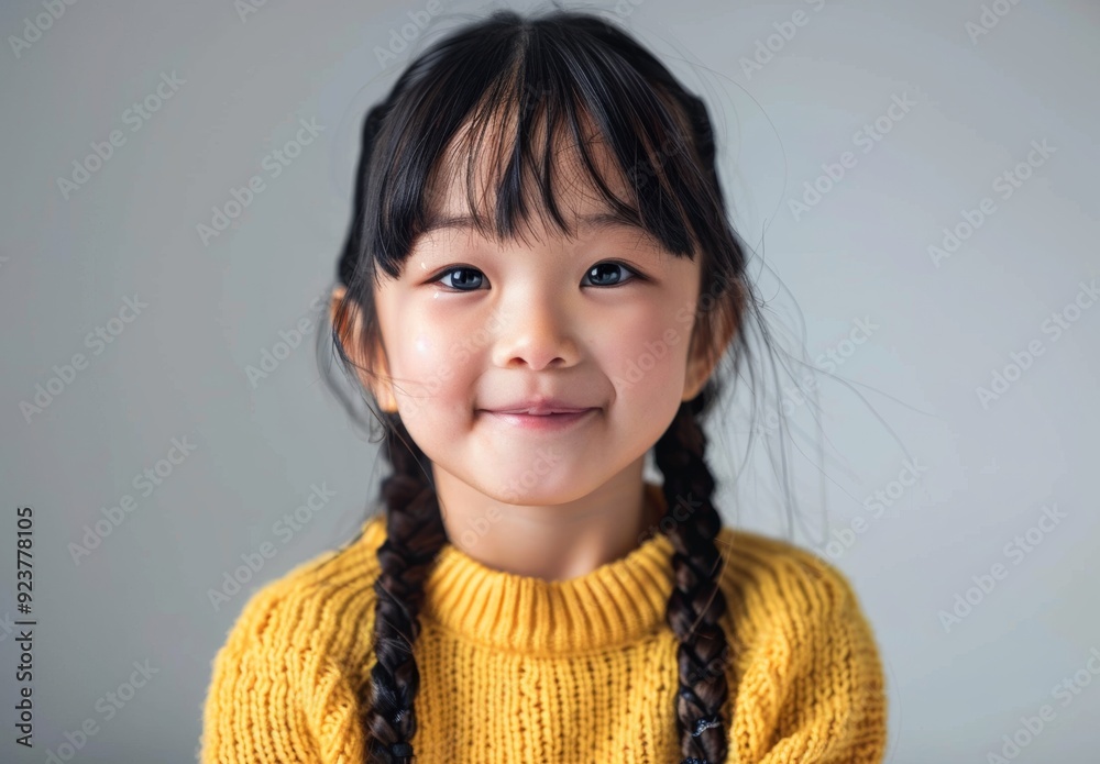 A smiling young girl with long braids and a yellow sweater stands against a plain background. Her bright eyes and happy expression convey a sense of joy and charm. A smiling young girl with long braids and a yellow sweater stands against a plain background. Her bright eyes and happy expression convey a sense of joy and charm.