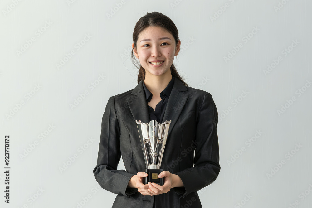 Adorned in stylish blue business attire, a jubilant Japanese girl beams with joy as she proudly holds a gold trophy against a white background. Adorned in stylish blue business attire, a jubilant Japanese girl beams with joy as she proudly holds a gold trophy against a white background.
