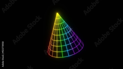 3d render of a futuristic wireframe grid cyber y2k triangle shape glowing neon rainbow on black background isolated illustration. Outline element abstract LGBT Pride party Animation loop 4k