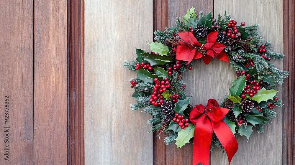 Naklejka premium Elegant holiday wreath adorned with red ribbons and pinecones on a wooden door during winter