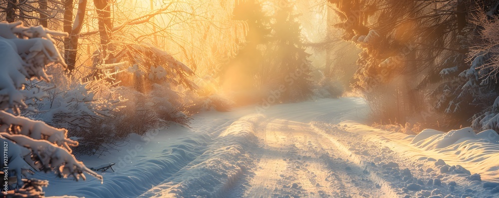 Naklejka premium Sunlit Path Through a Snowy Winter Forest