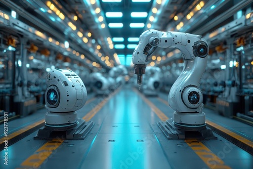 futuristic factory floor with robotic arms and aicontrolled assembly lines bathed in cool blue light showcasing seamless humanmachine collaboration in a hightech industrial setting photo