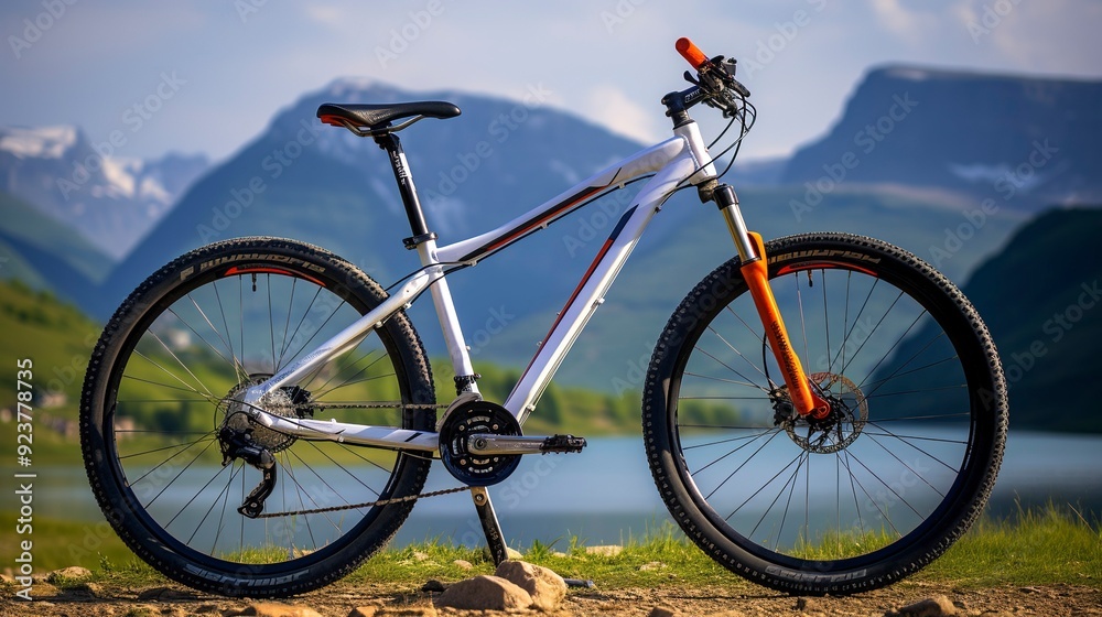 A photo of a bicycle with a scenic mountain A photo of a bicycle with a scenic mountain
