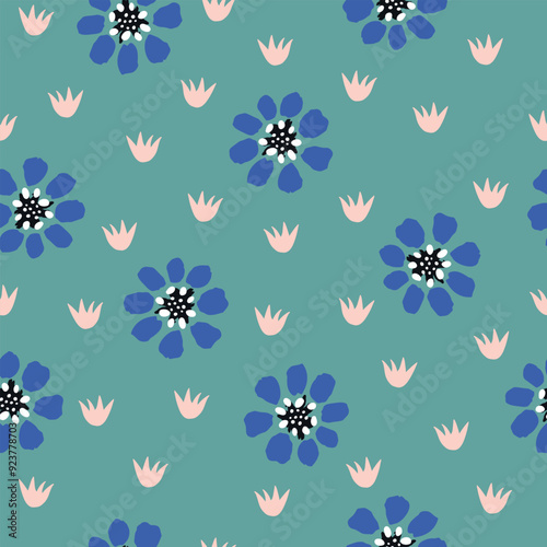 Seamless repeat pattern with hand drawn daisy flowers on the blue background. Vector illustration. No AI generated content in this pattern.